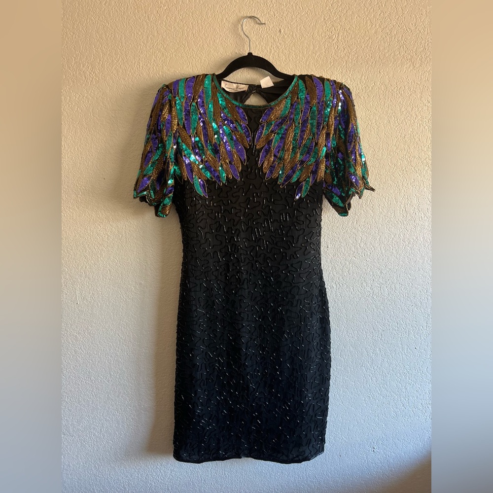Vintage Laurence Kazar Vintage Silk Beaded Peacock Costume Cocktail Dress - S